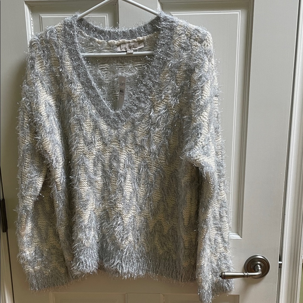 Loft Cozy Cream and Gray/Silver Glitter Fuzzy Sweater NWT Size M